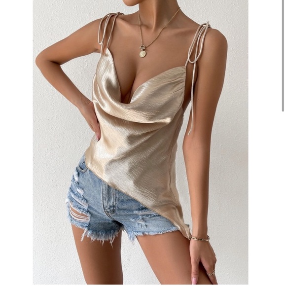 Black Color Glamorous Cowl Neck Tie Strap Camisole Top - Picture 11 of 16